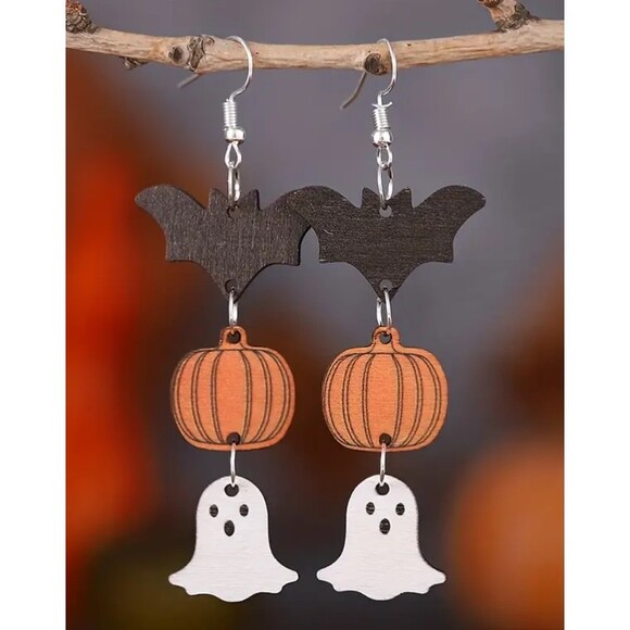 Halloween Earrings Wooden Dangle ghost bat pumpkin NEW - Picture 1 of 2